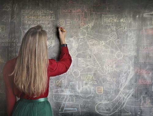 woman in red long sleeve writing on chalk board